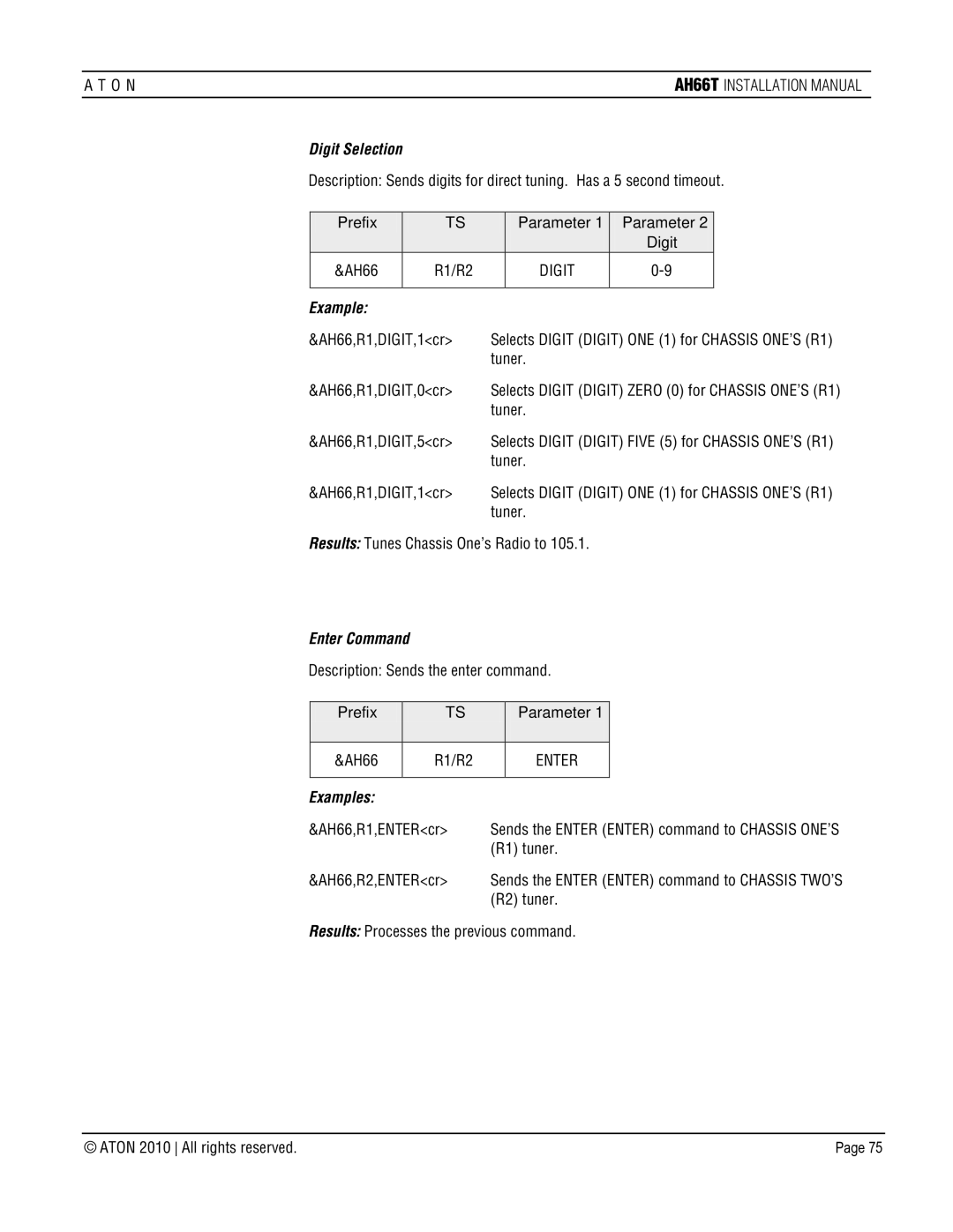 ATON AH66T-KT installation manual Digit Selection, Example, Enter Command 