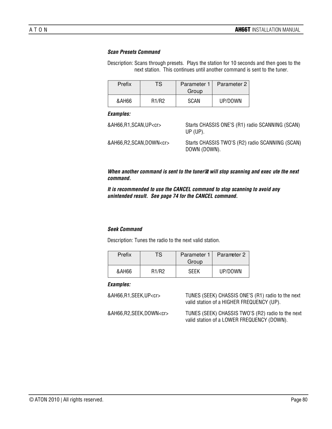 ATON AH66T-KT installation manual Scan Presets Command, Seek Command 