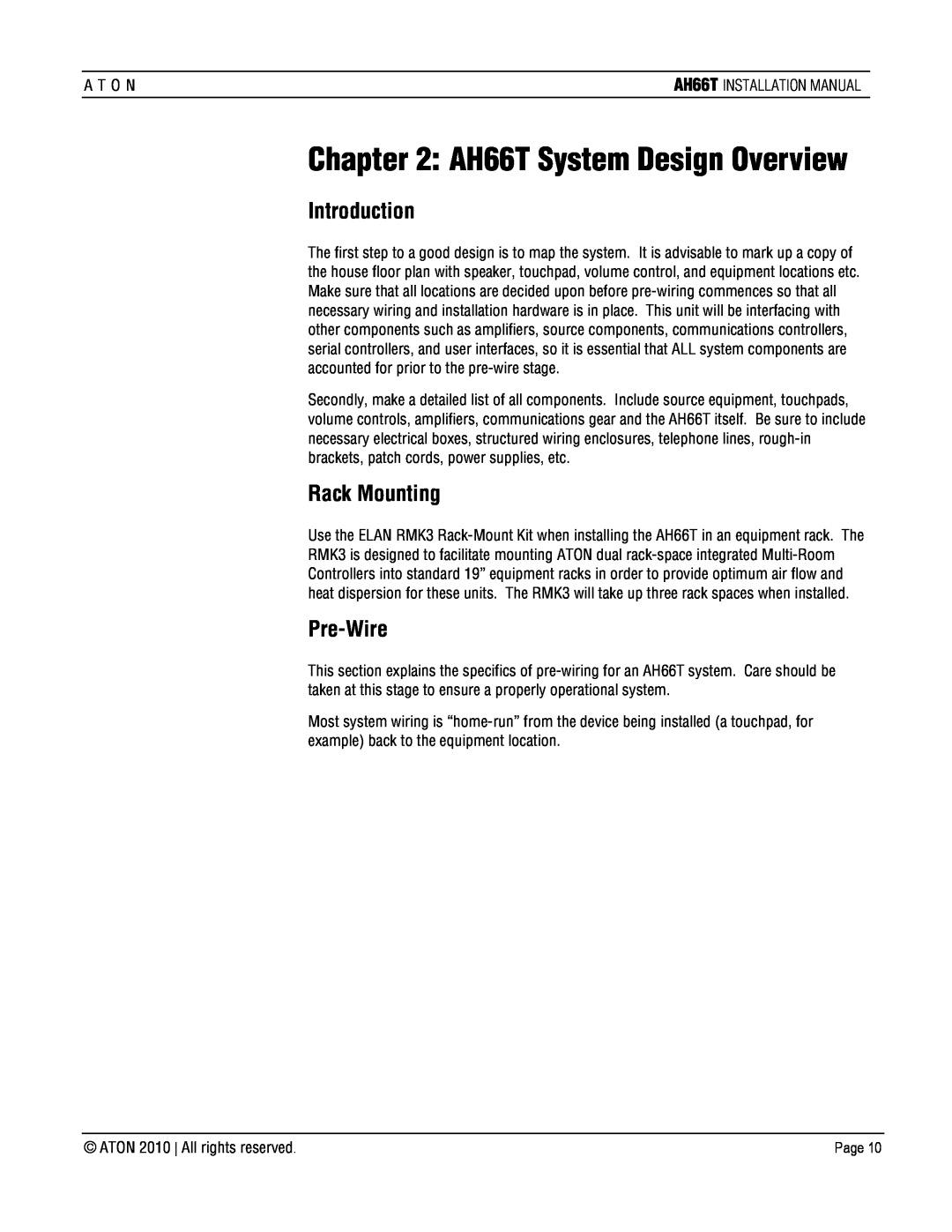 ATON AH66T-KT installation manual AH66T System Design Overview, Introduction, Rack Mounting, Pre-Wire 