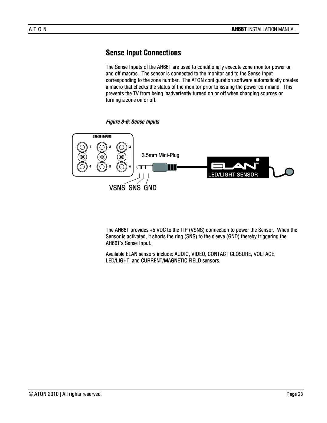 ATON AH66T-KT installation manual Sense Input Connections, 6:Sense Inputs 
