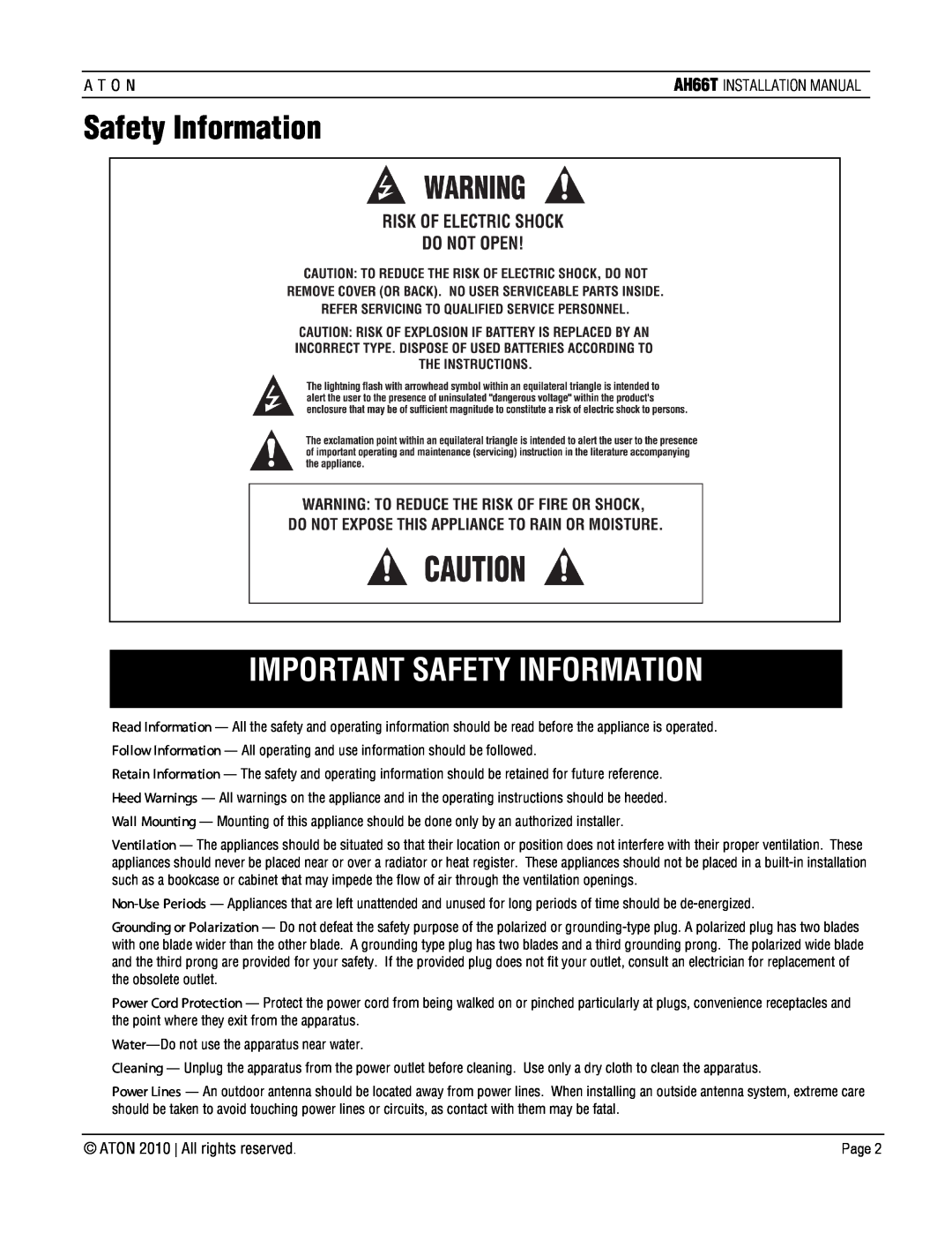 ATON AH66T-KT installation manual Important Safety Information 