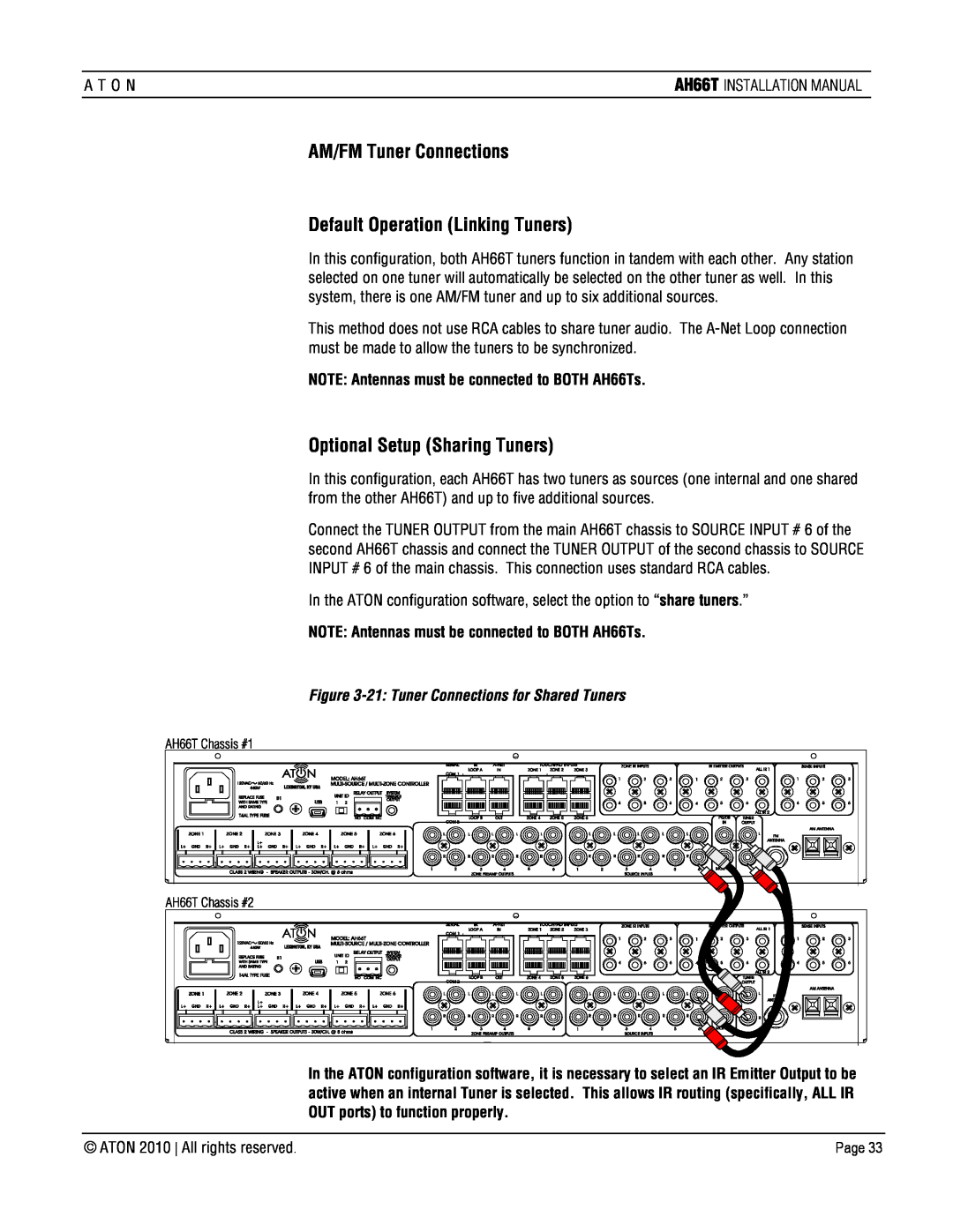 ATON AH66T-KT installation manual AM/FM Tuner Connections, Default Operation Linking Tuners, Optional Setup Sharing Tuners 