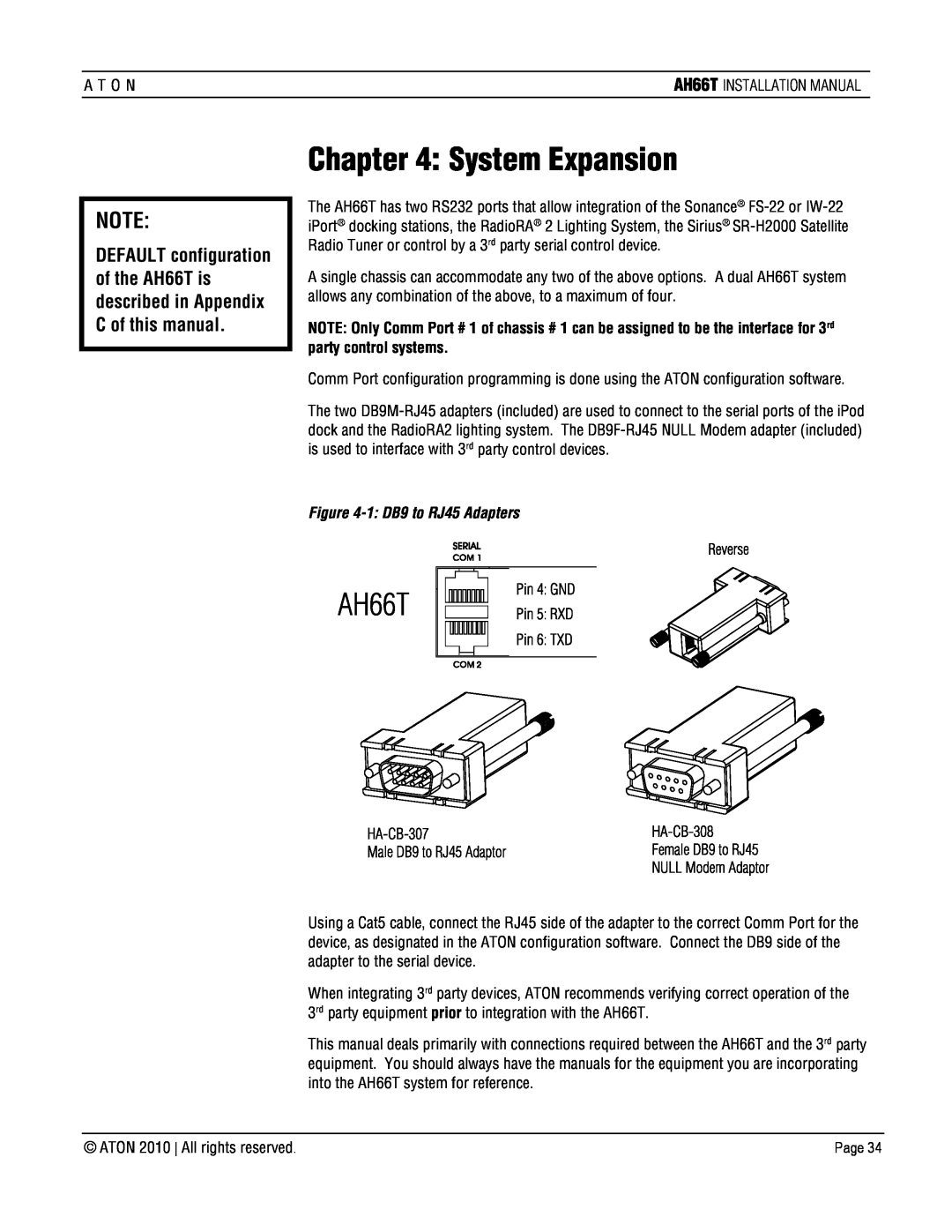 ATON AH66T-KT installation manual System Expansion, 1 DB9 to RJ45 Adapters 