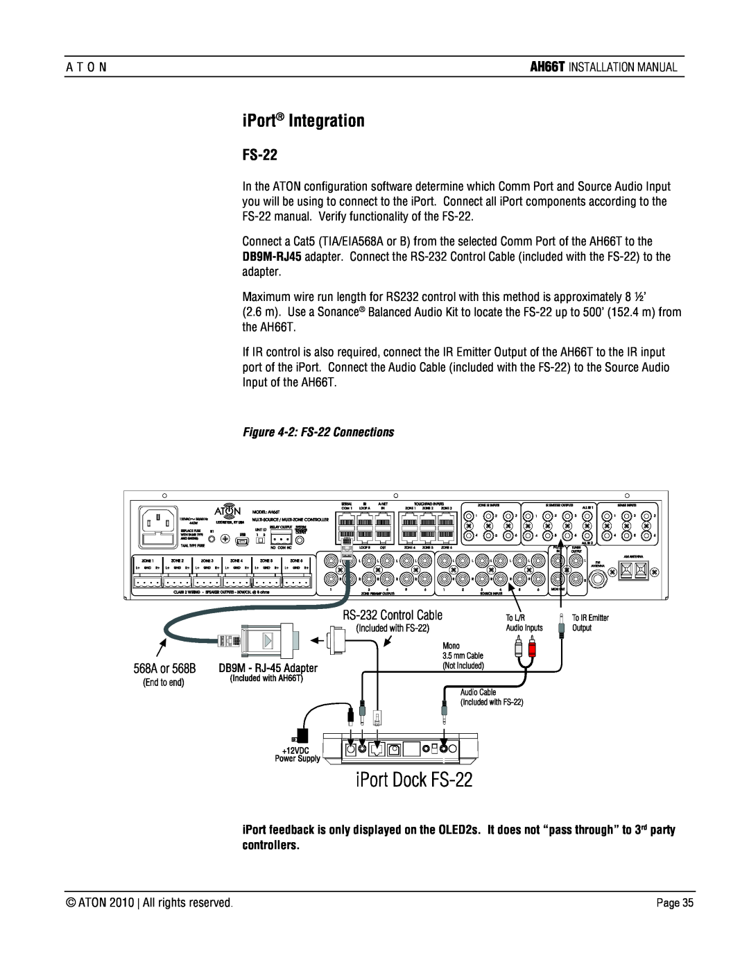 ATON AH66T-KT installation manual iPort Integration, 2: FS-22Connections 
