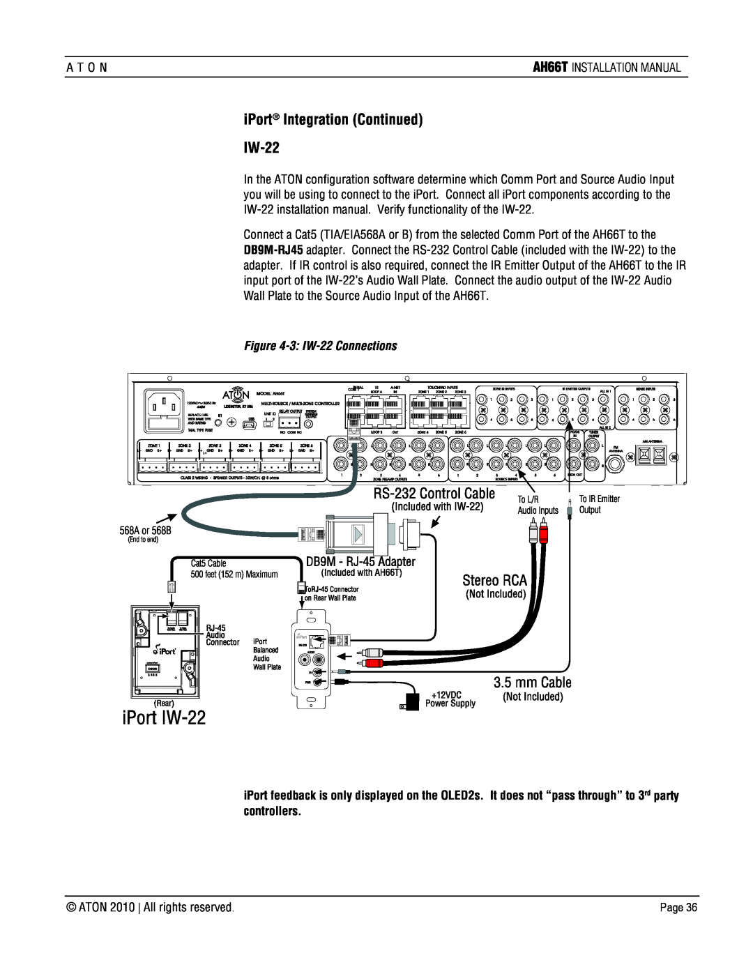 ATON AH66T-KT installation manual iPort Integration Continued IW-22, 3: IW-22Connections 