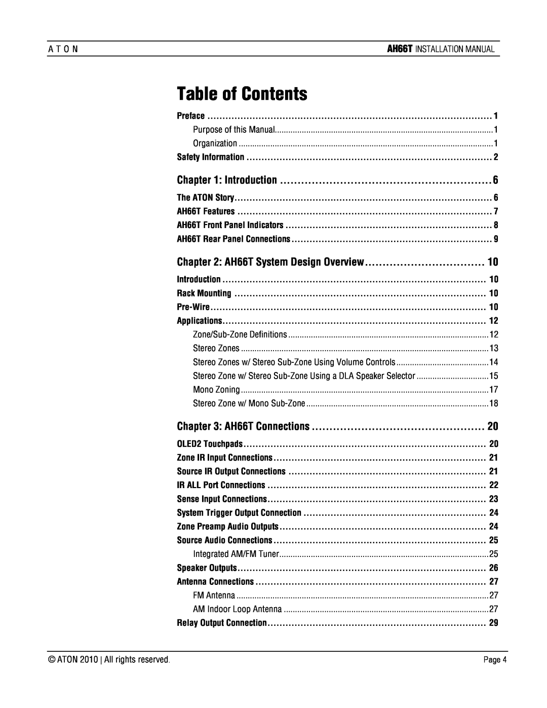 ATON AH66T-KT Table of Contents, AH66T System Design Overview, A T O N, Preface, Safety Information, The ATON Story, Page 