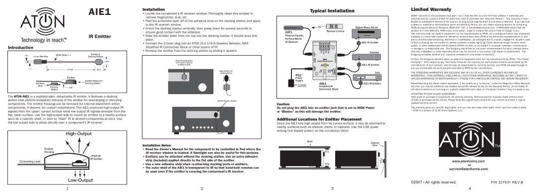 ATON AIE1 warranty Typical Installation, Limited Warranty, Additional Locations for Emitter Placement, Installation Notes 