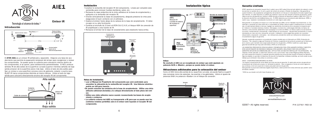 ATON AIE1 warranty Instalación típica, Ubicaciones adicionales para la colocación del emisor, Garantía Limitada 