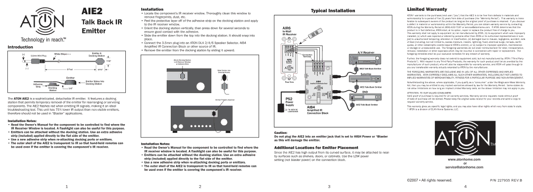 ATON AIE2 warranty Installation, Additional Locations for Emitter Placement, AIR6, PS2, AIB4 