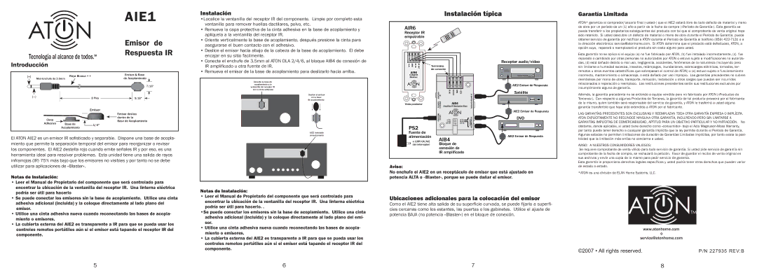 ATON AIE2 Garantía Limitada, Ubicaciones adicionales para la colocación del emisor, Notas de Instalación, Aviso 