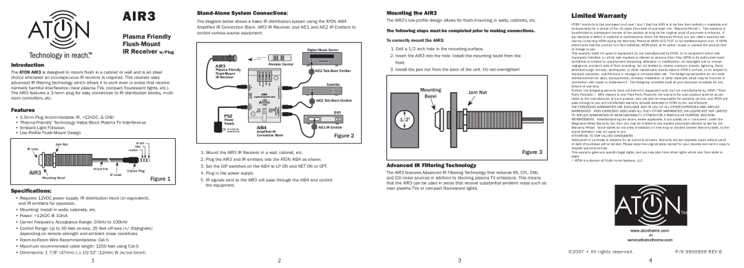 ATON specifications Introduction, Stand-Alone System Connections, Mounting the AIR3, Features, Specifications 