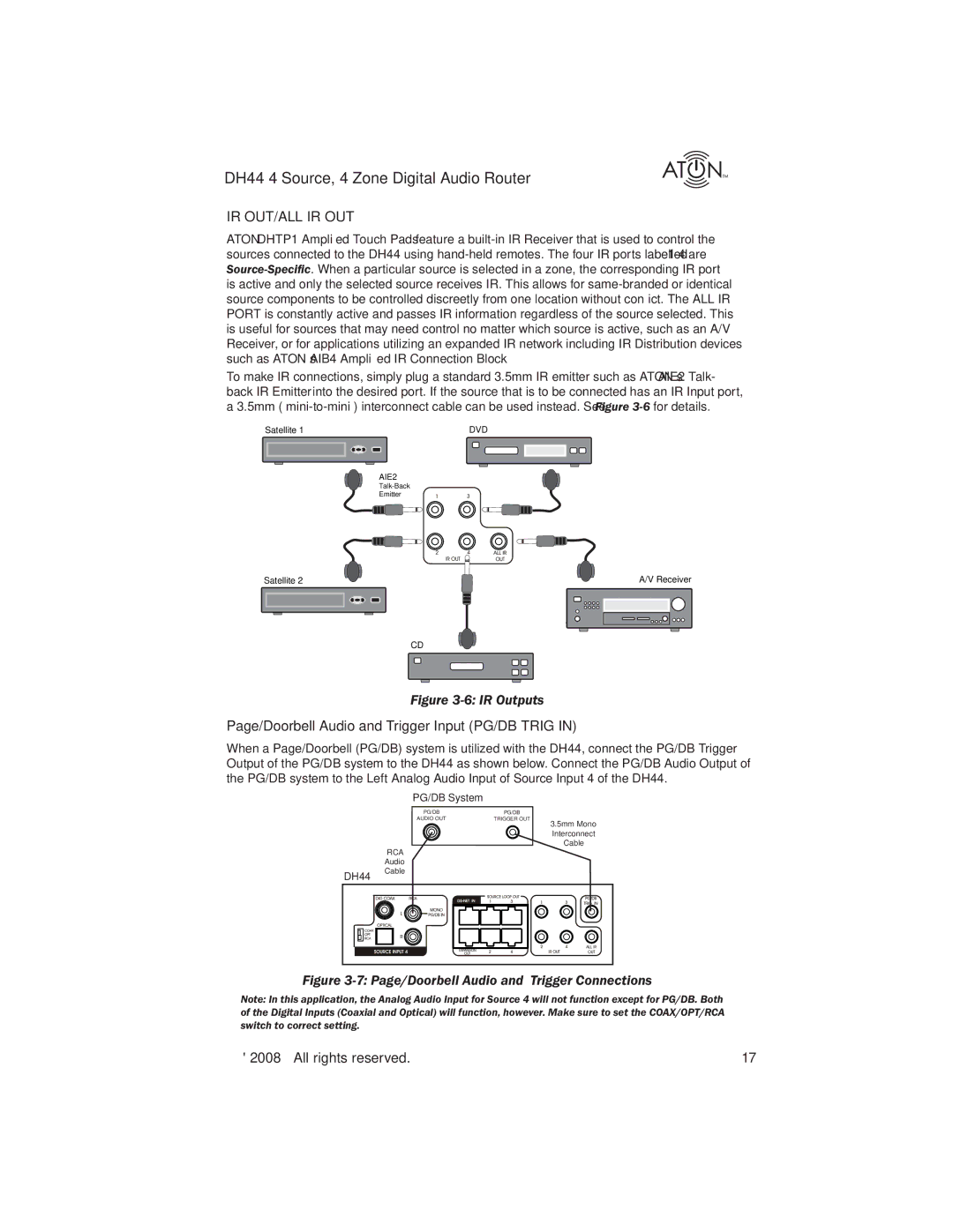 ATON DH44 manual Ir Out/All Ir Out, Page/Doorbell Audio and Trigger Input PG/DB Trig 