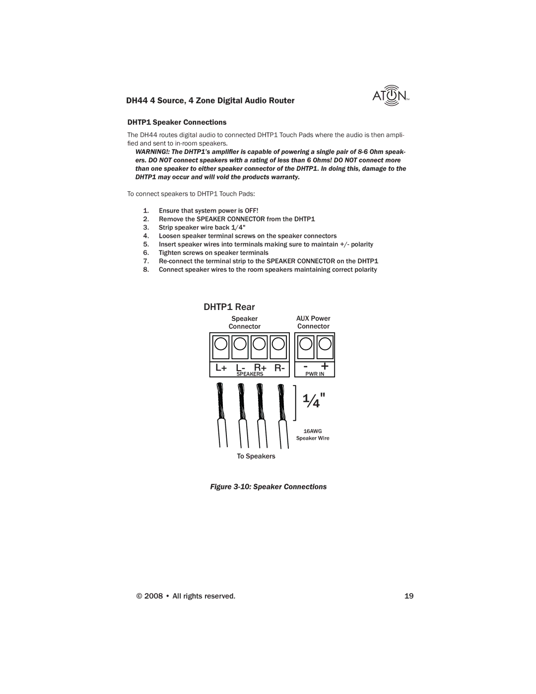 ATON DH44 manual DHTP1 Rear, DHTP1 Speaker Connections 