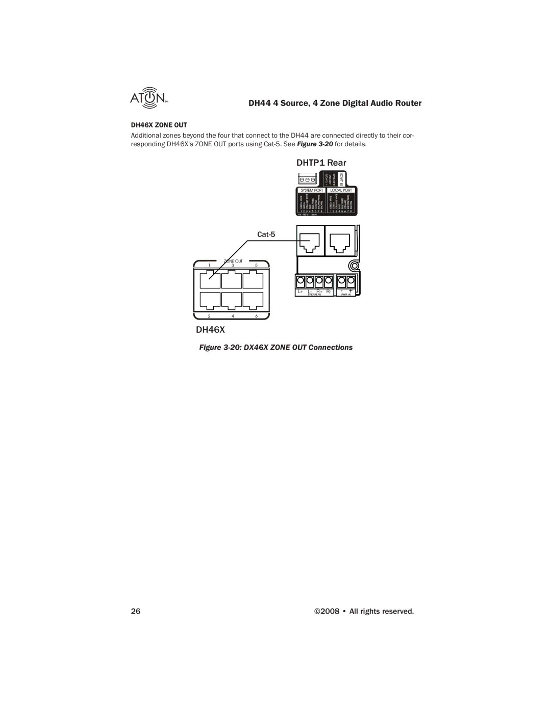 ATON DH44 manual Cat-5, 20 DX46X Zone OUT Connections 