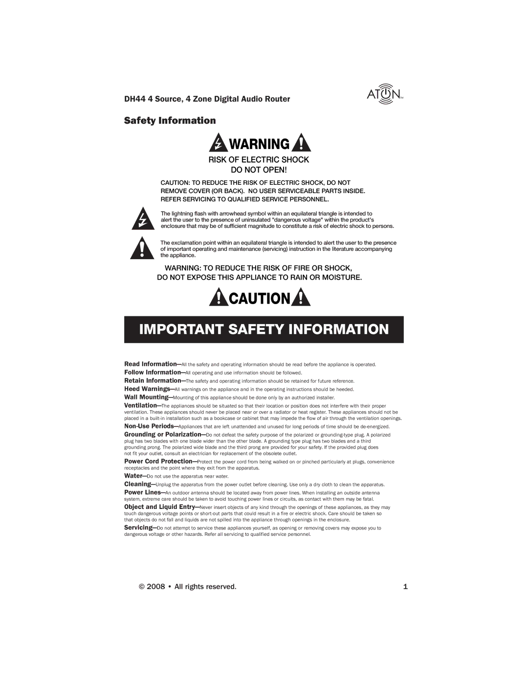 ATON DH44 manual Safety Information, All rights reserved 