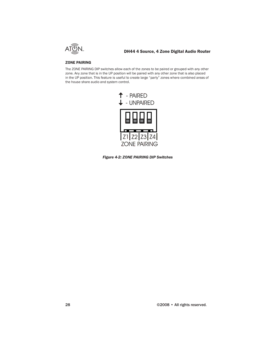 ATON DH44 manual Zone Pairing DIP Switches 