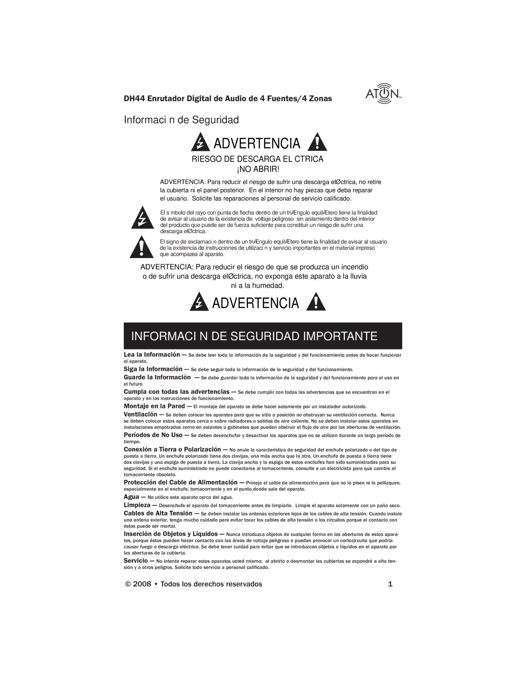 ATON DH44 manual Información de Seguridad, Todos los derechos reservados 