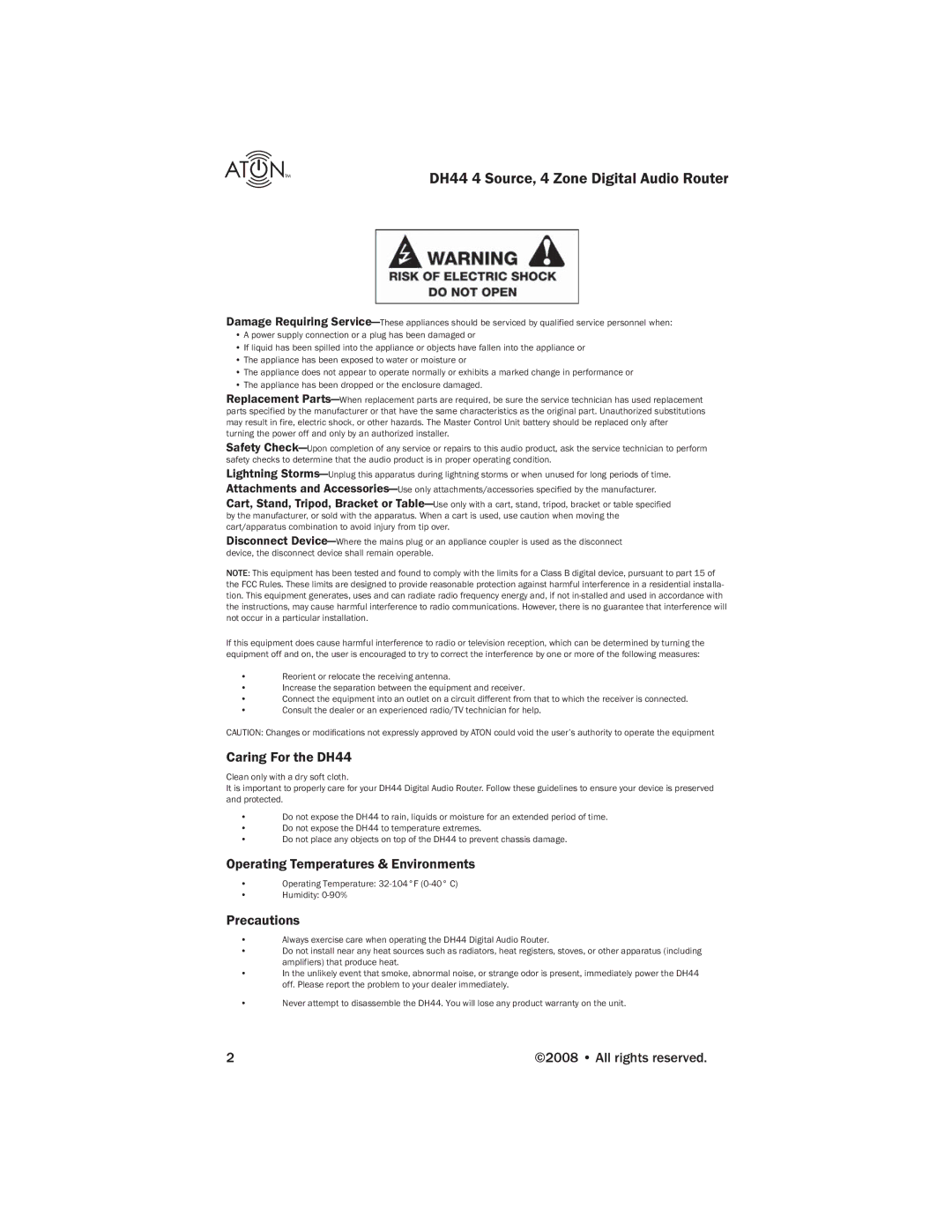 ATON manual Caring For the DH44, Operating Temperatures & Environments, Precautions 