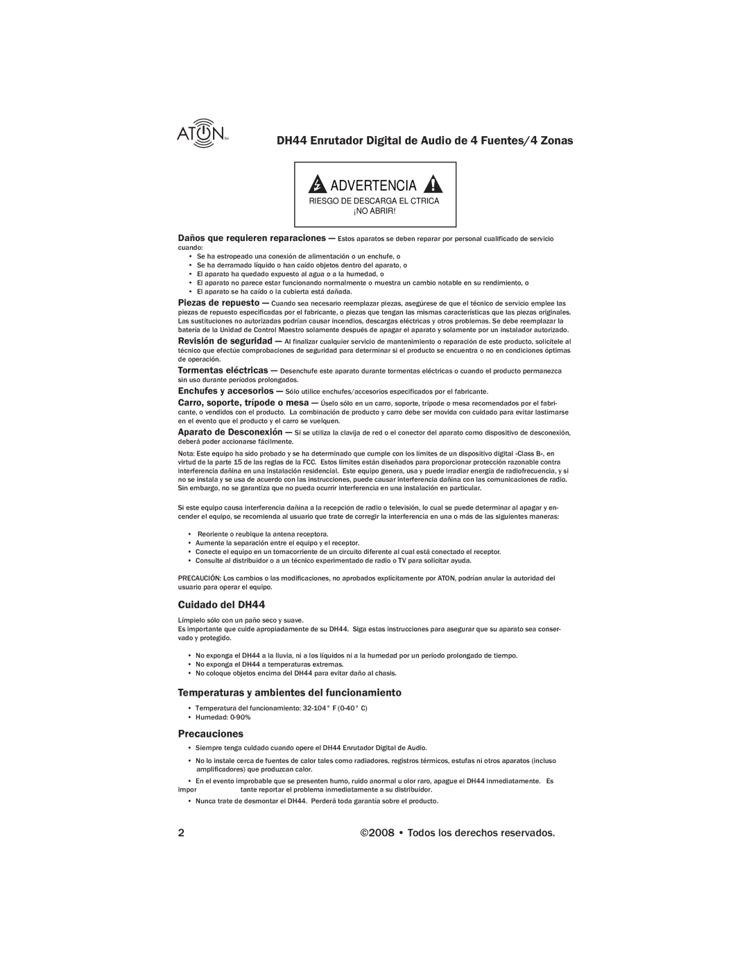 ATON manual Cuidado del DH44, Temperaturas y ambientes del funcionamiento, Precauciones 