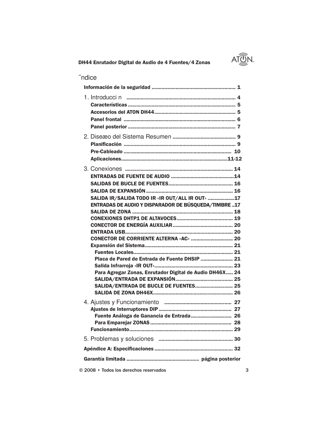 ATON DH44 manual Índice, Introducción, Salida IR/SALIDA Todo IR «IR OUT/ALL IR OUT» 