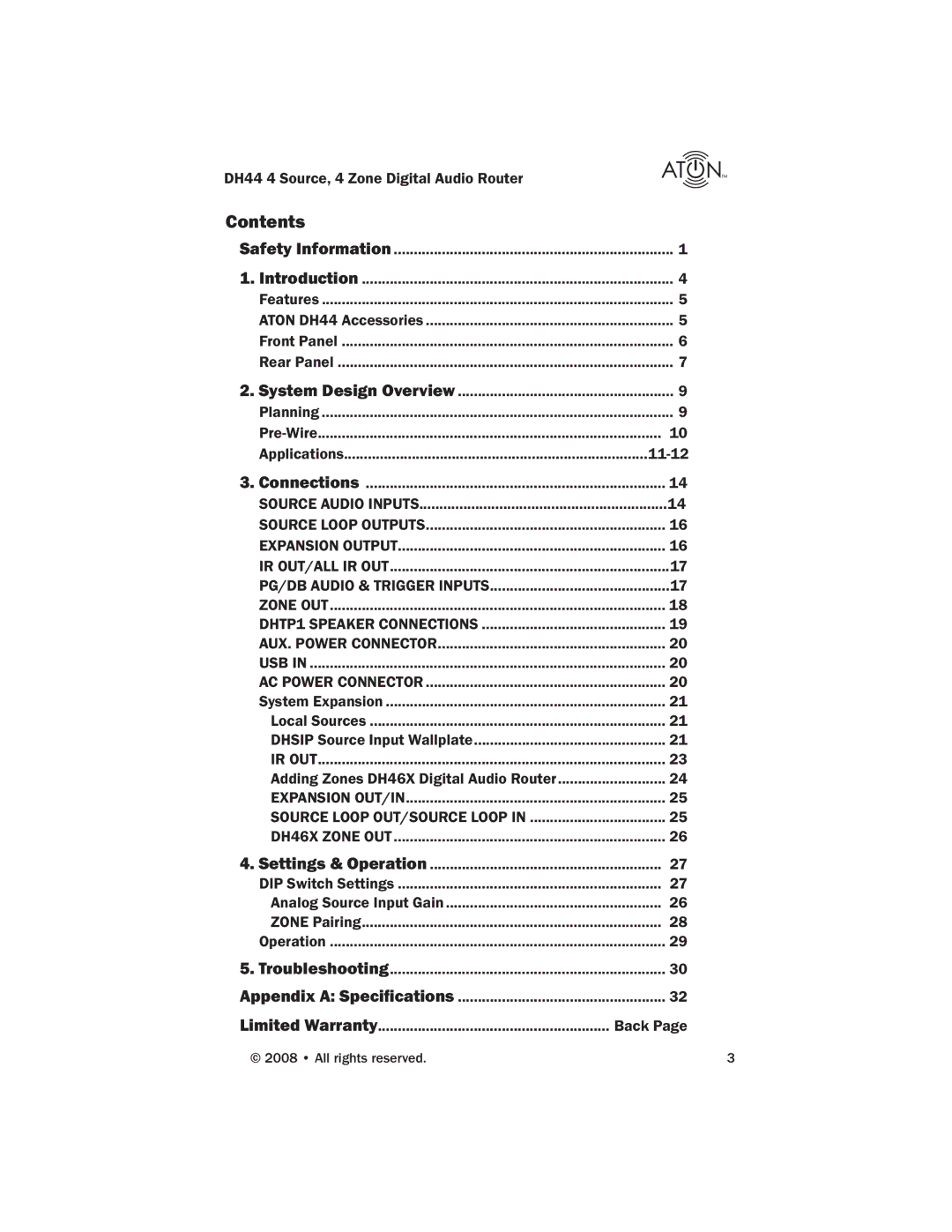 ATON DH44 manual Contents 