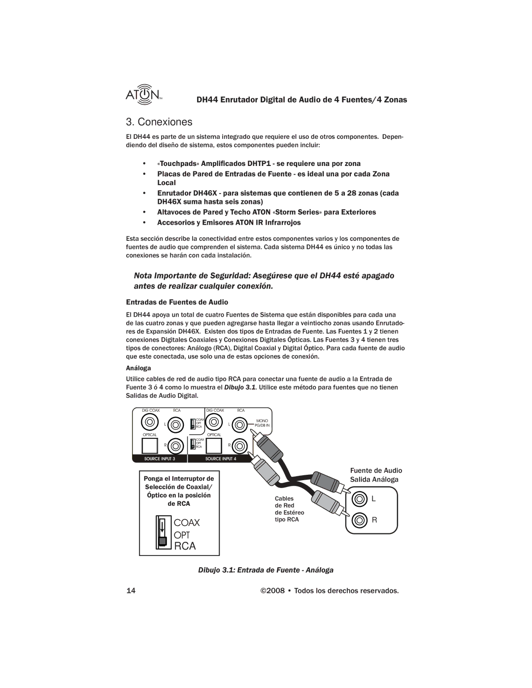 ATON DH44 manual Conexiones, Entradas de Fuentes de Audio, Fuente de Audio, Salida Análoga 