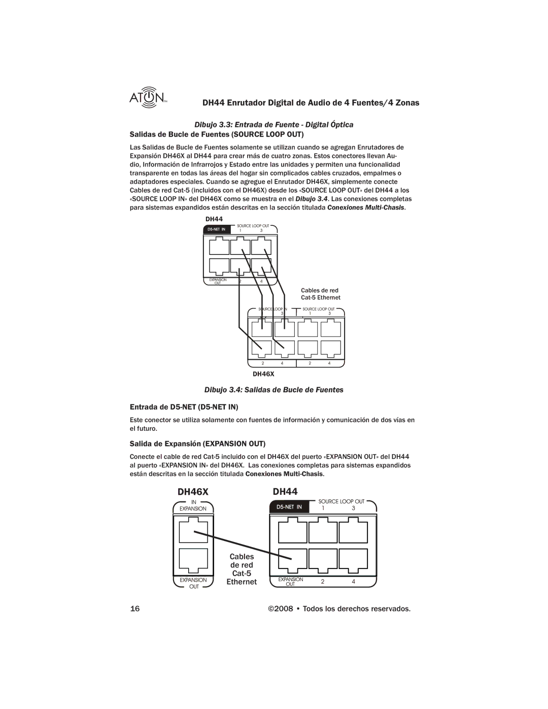 ATON DH44 manual Salidas de Bucle de Fuentes Source Loop OUT, Entrada de D5-NET D5-NET, Salida de Expansión Expansion OUT 