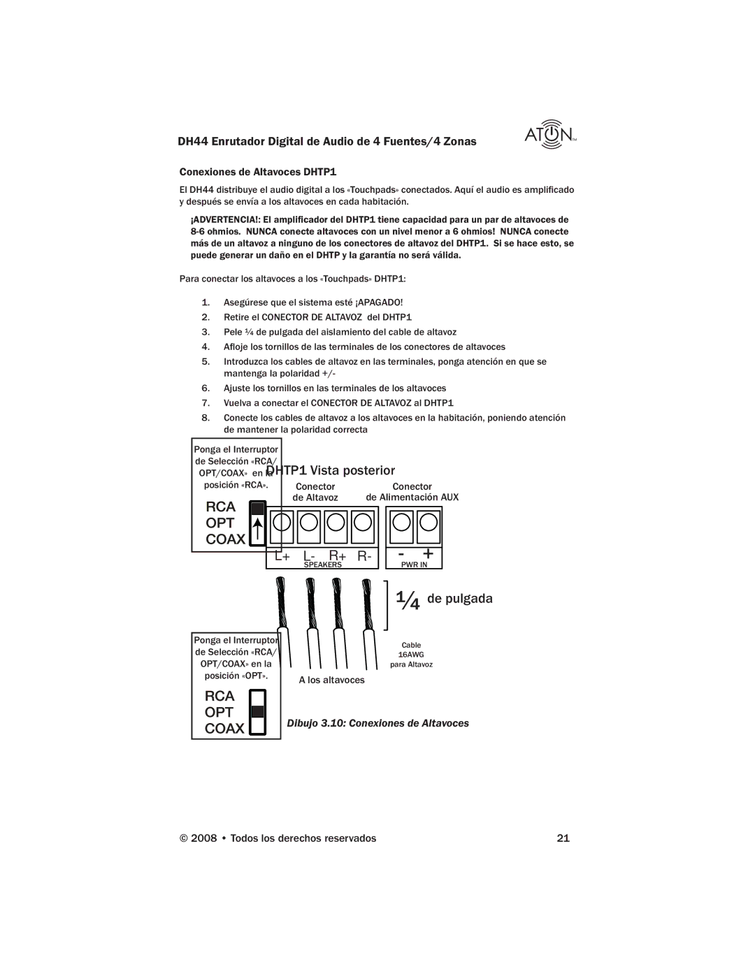 ATON DH44 manual OPT/COAX» en laDHTP1 Vista posterior, ¼ de pulgada, Conexiones de Altavoces DHTP1 