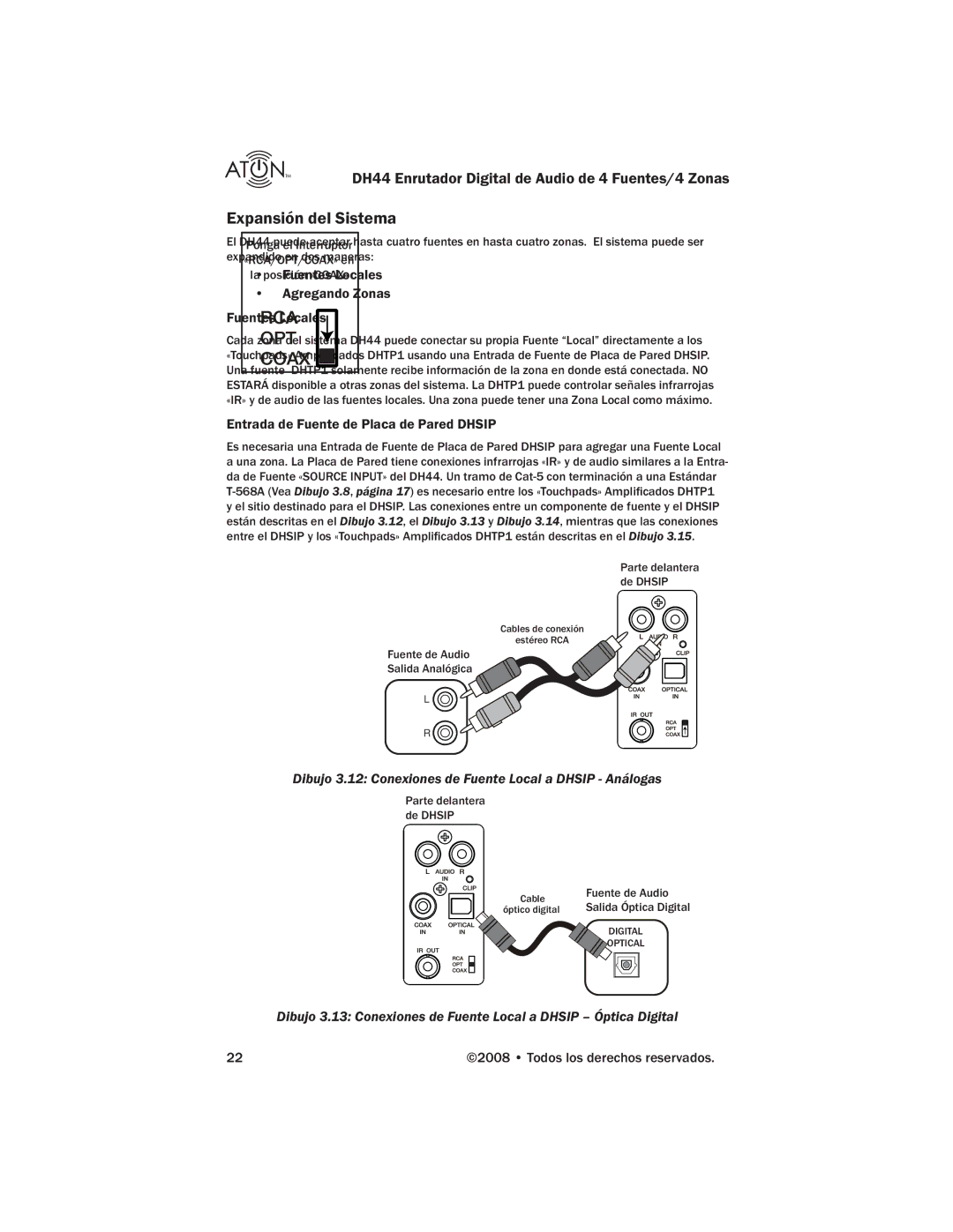 ATON DH44 manual Expansión del Sistema, Agregando Zonas Fuentes Locales, Entrada de Fuente de Placa de Pared Dhsip 