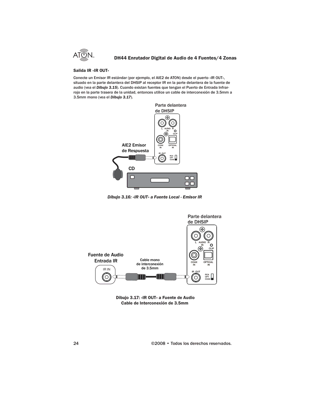 ATON DH44 manual Salida IR «IR OUT», Parte delantera de Dhsip 