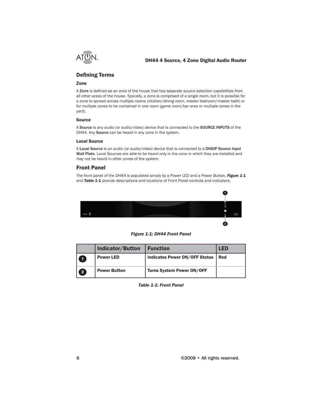 ATON DH44 manual Deﬁning Terms, Front Panel, Indicator/Button Function 