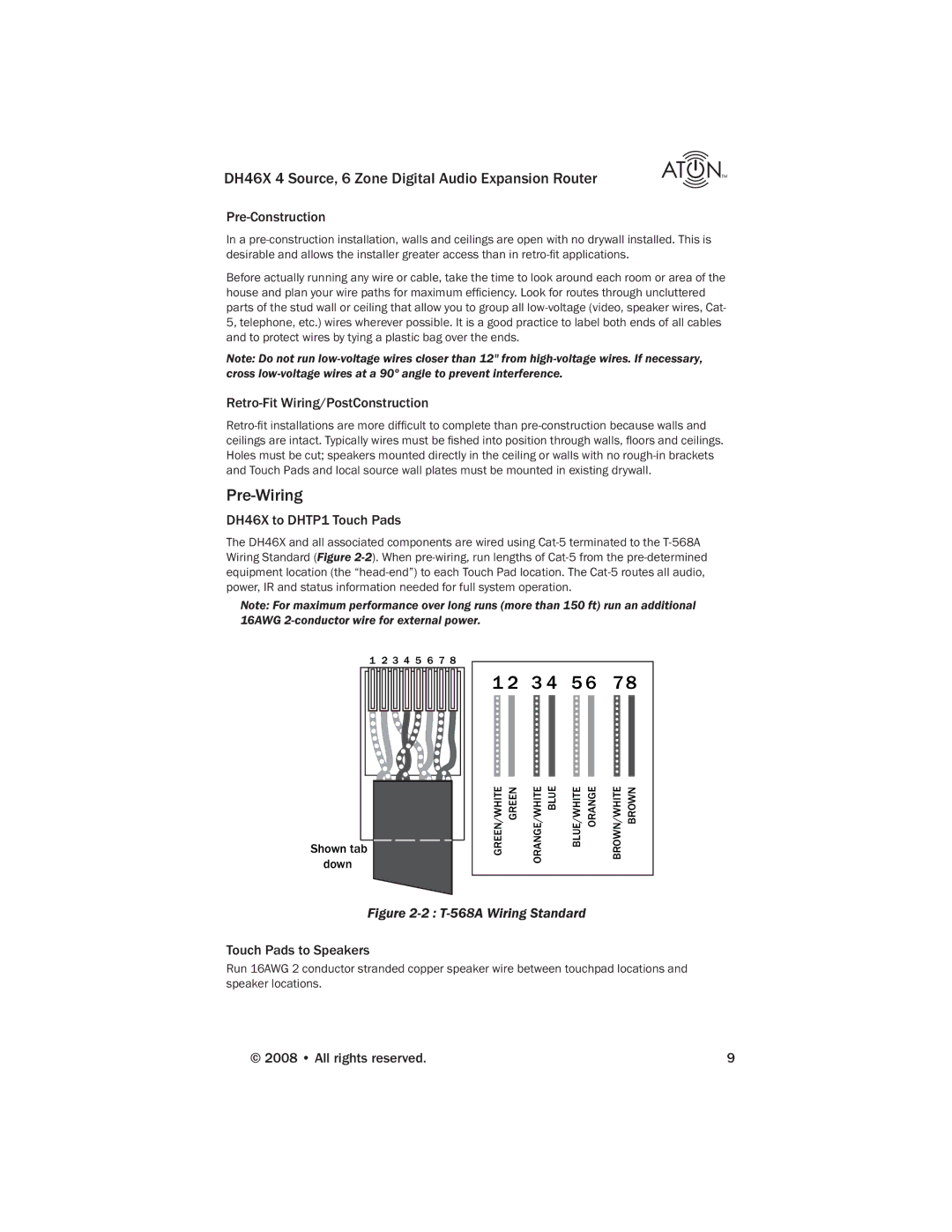 ATON Pre-Wiring, Pre-Construction, Retro-Fit Wiring/PostConstruction, DH46X to DHTP1 Touch Pads, Touch Pads to Speakers 