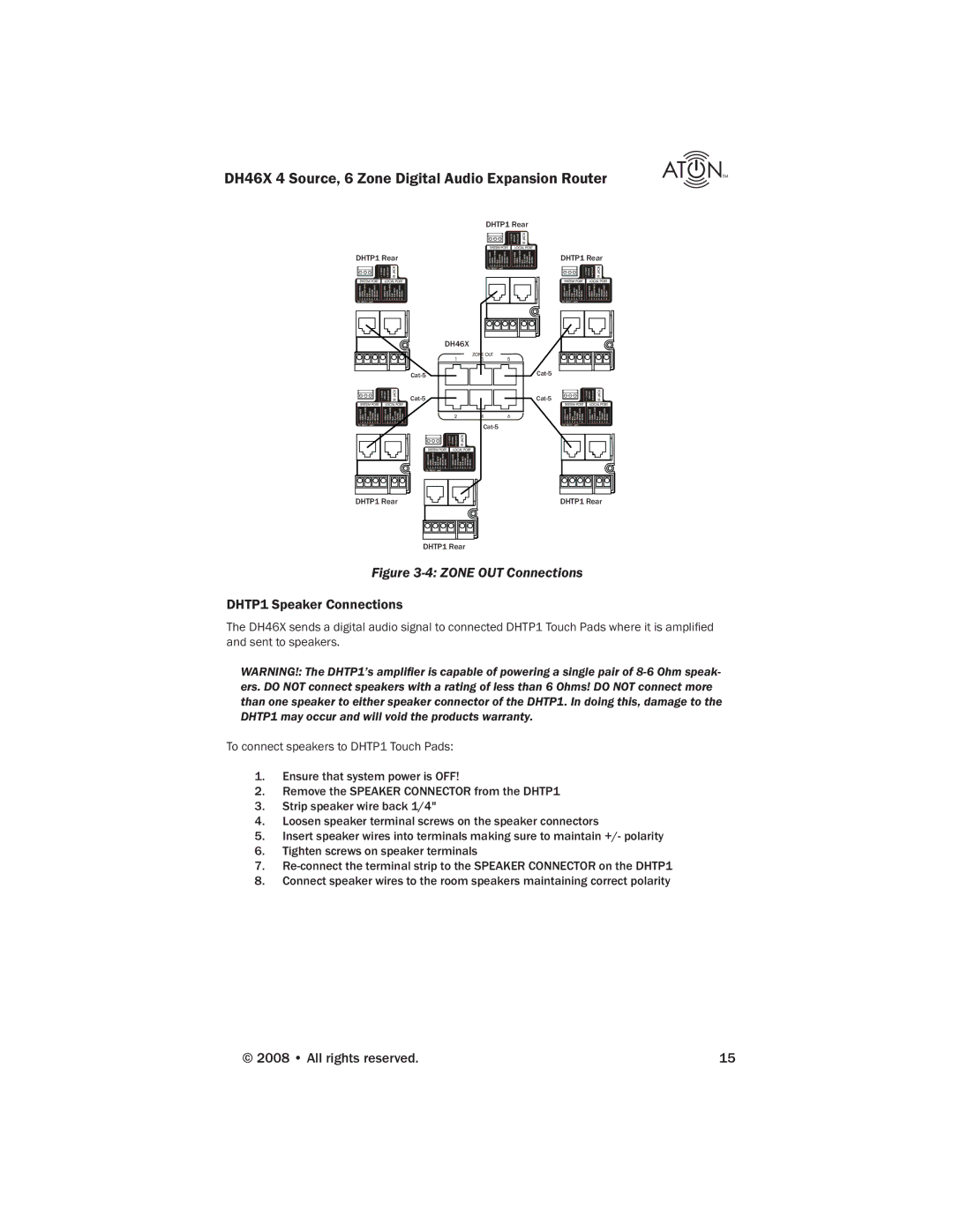 ATON DH46X manual Zone OUT Connections, DHTP1 Speaker Connections 