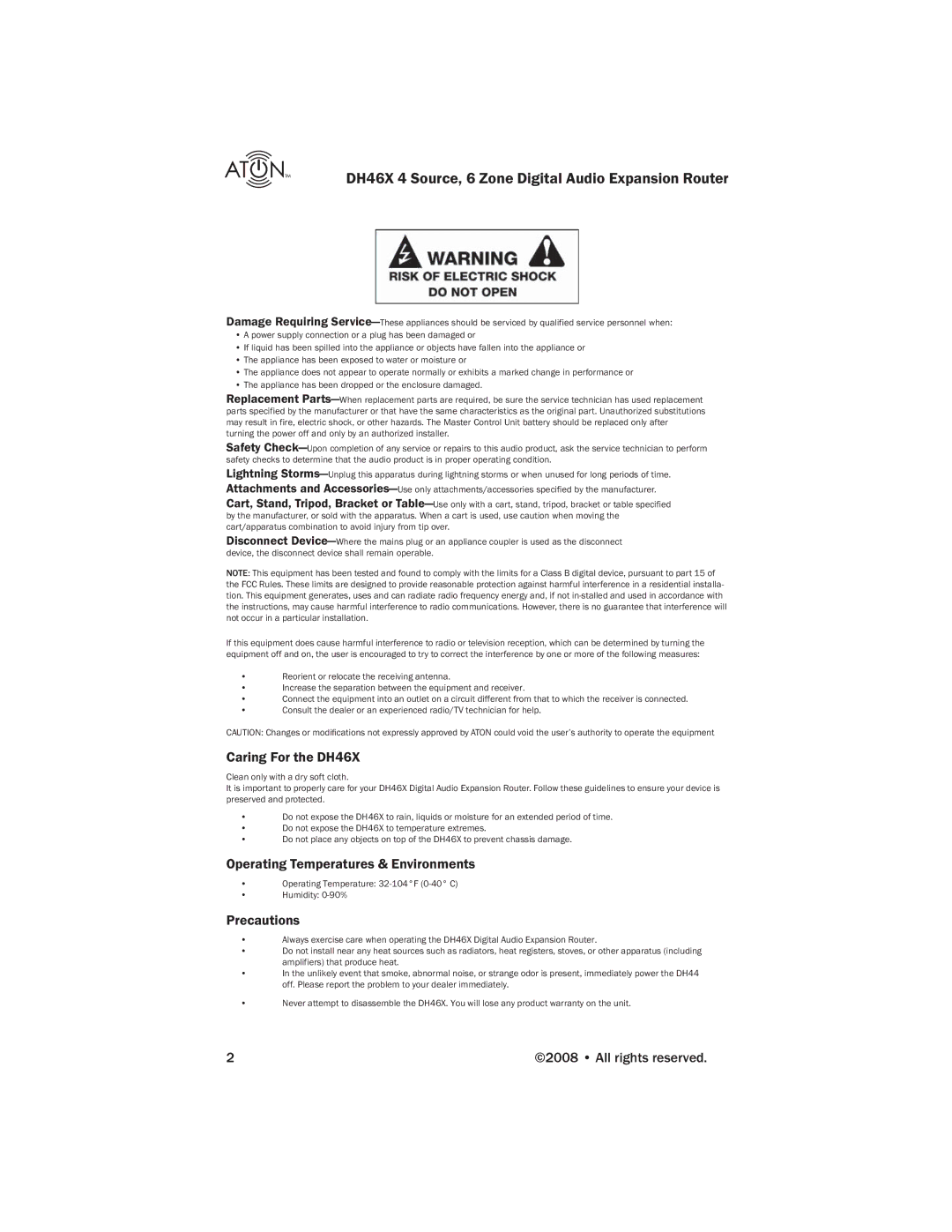 ATON manual Caring For the DH46X, Operating Temperatures & Environments, Precautions 