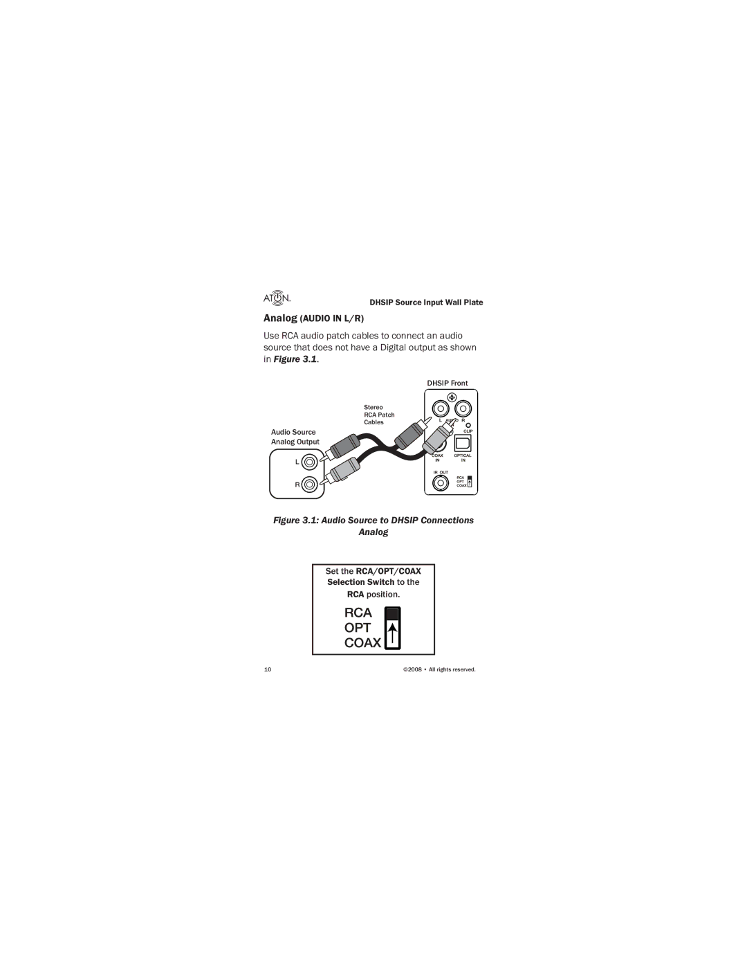 ATON DHSIP manual Audio Source to Dhsip Connections Analog 