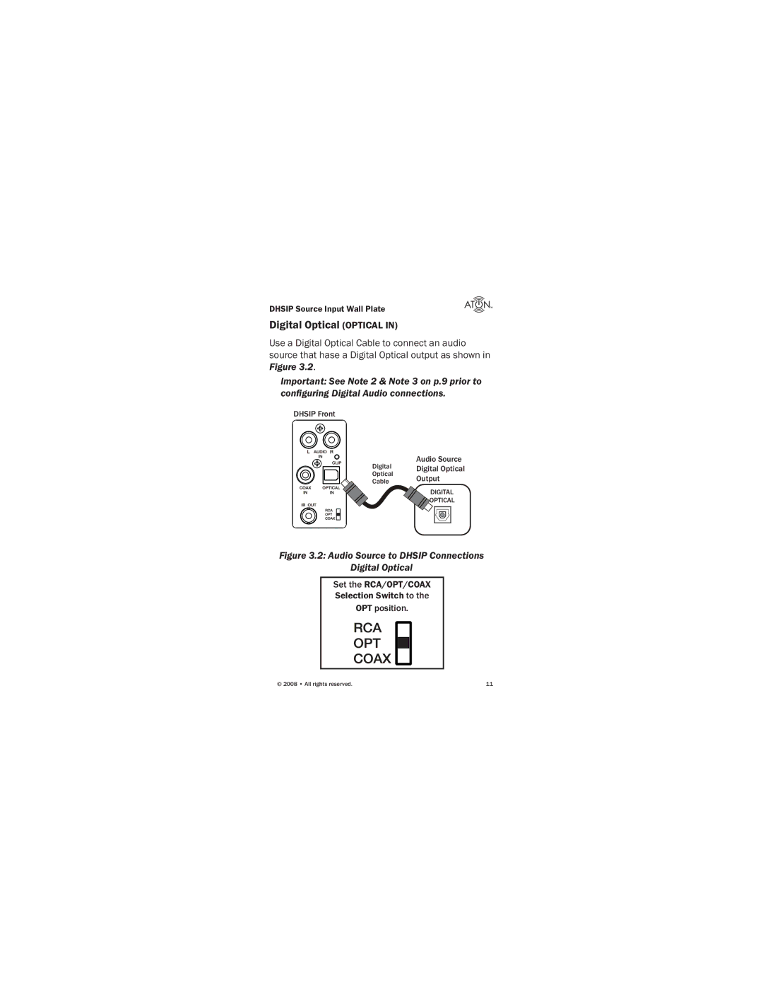 ATON DHSIP manual Digital Optical Optical, Audio Source to Dhsip Connections Digital Optical 