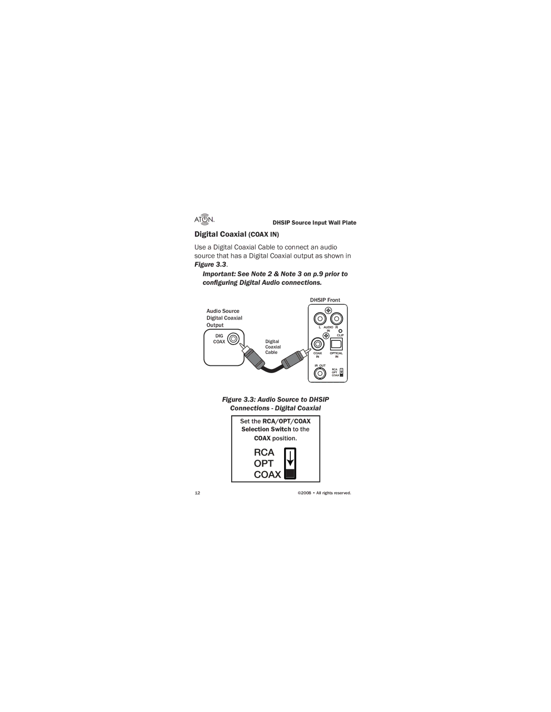 ATON DHSIP manual Digital Coaxial Coax, Audio Source to Dhsip Connections Digital Coaxial 