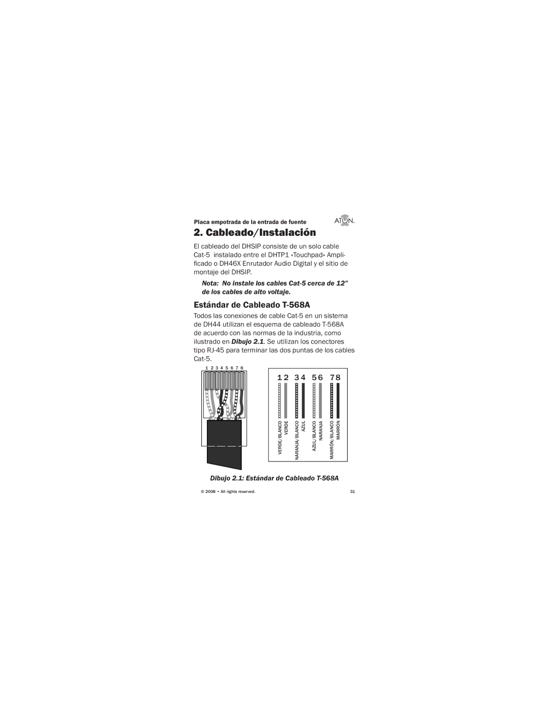 ATON DHSIP manual Cableado/Instalación, Estándar de Cableado T-568A, 3 4 5 6 