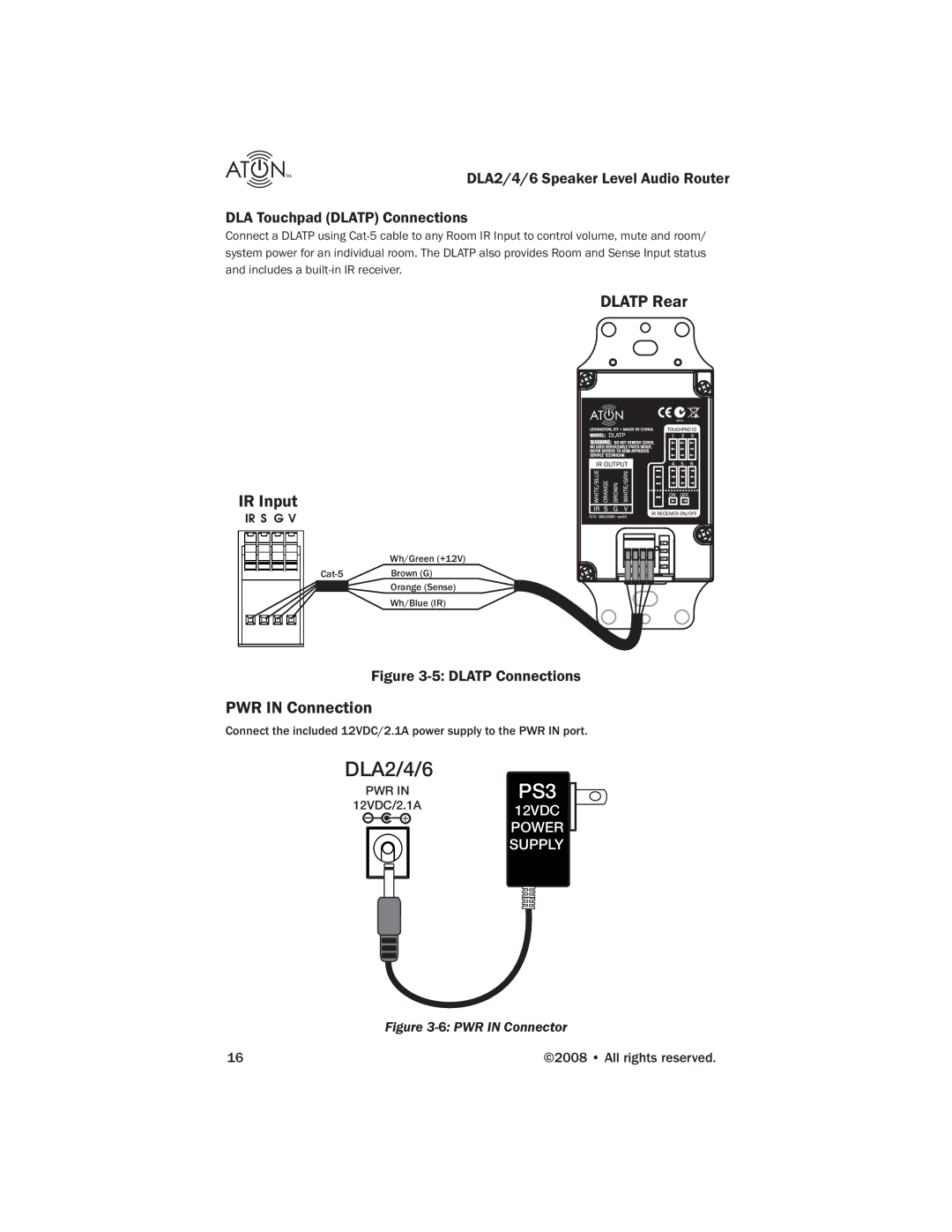 ATON DLA4, DLA2, DLA6 manual Dlatp Rear IR Input, PWR in Connection 