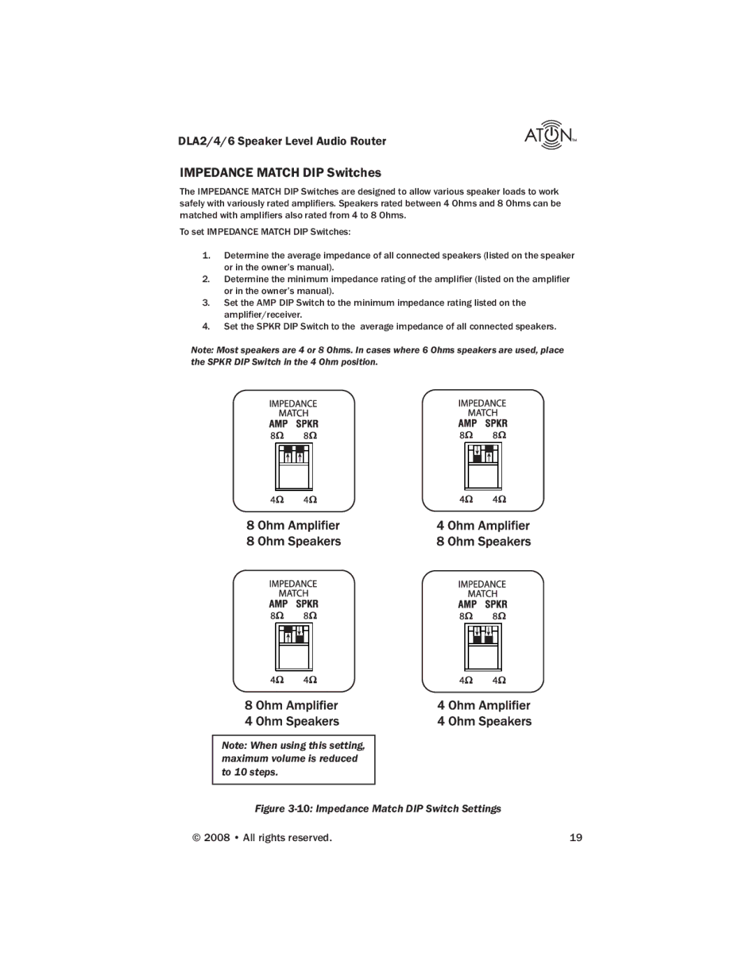 ATON DLA4, DLA2, DLA6 manual Impedance Match DIP Switches, Impedance Match DIP Switch Settings 