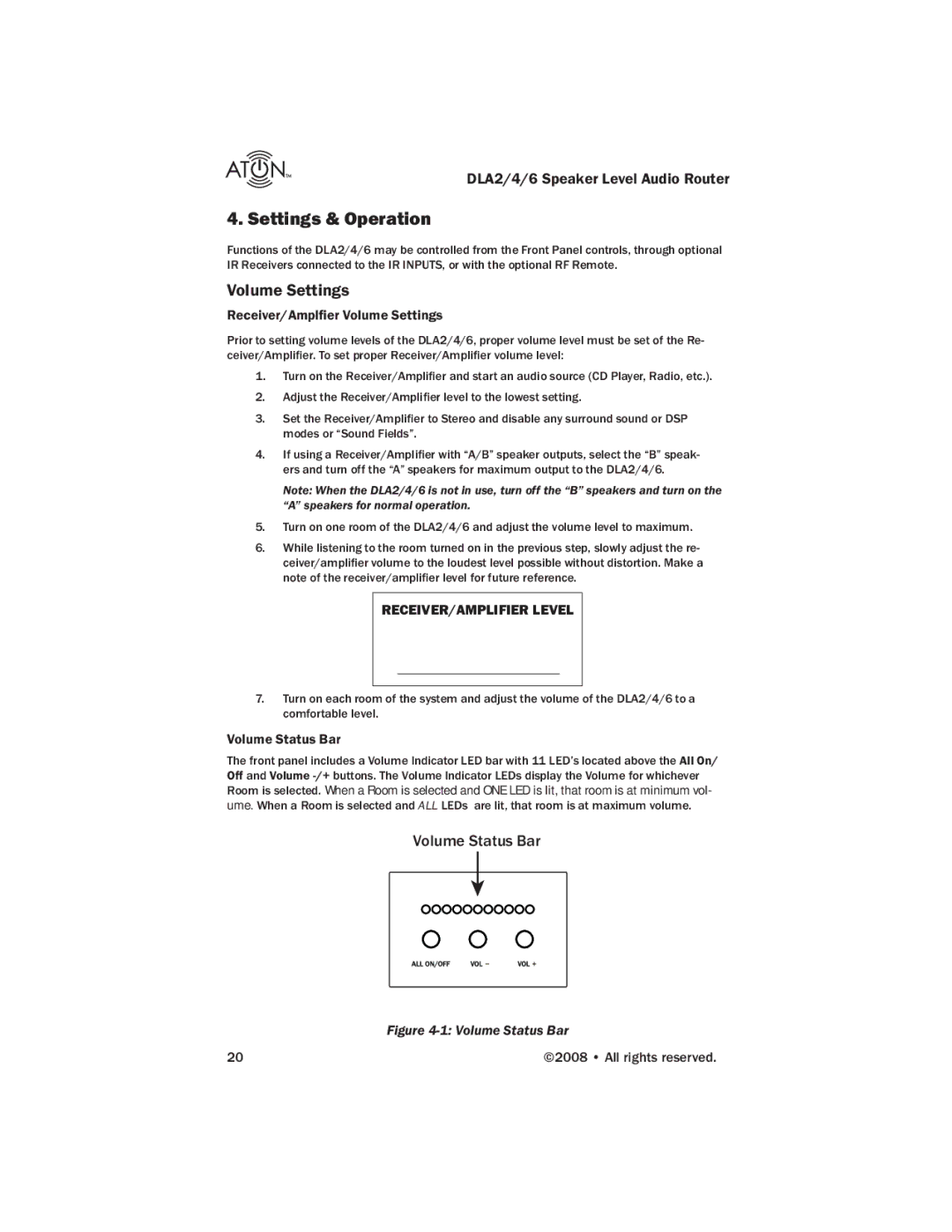 ATON DLA2, DLA4, DLA6 manual Settings & Operation, Volume Settings, Volume Status Bar 