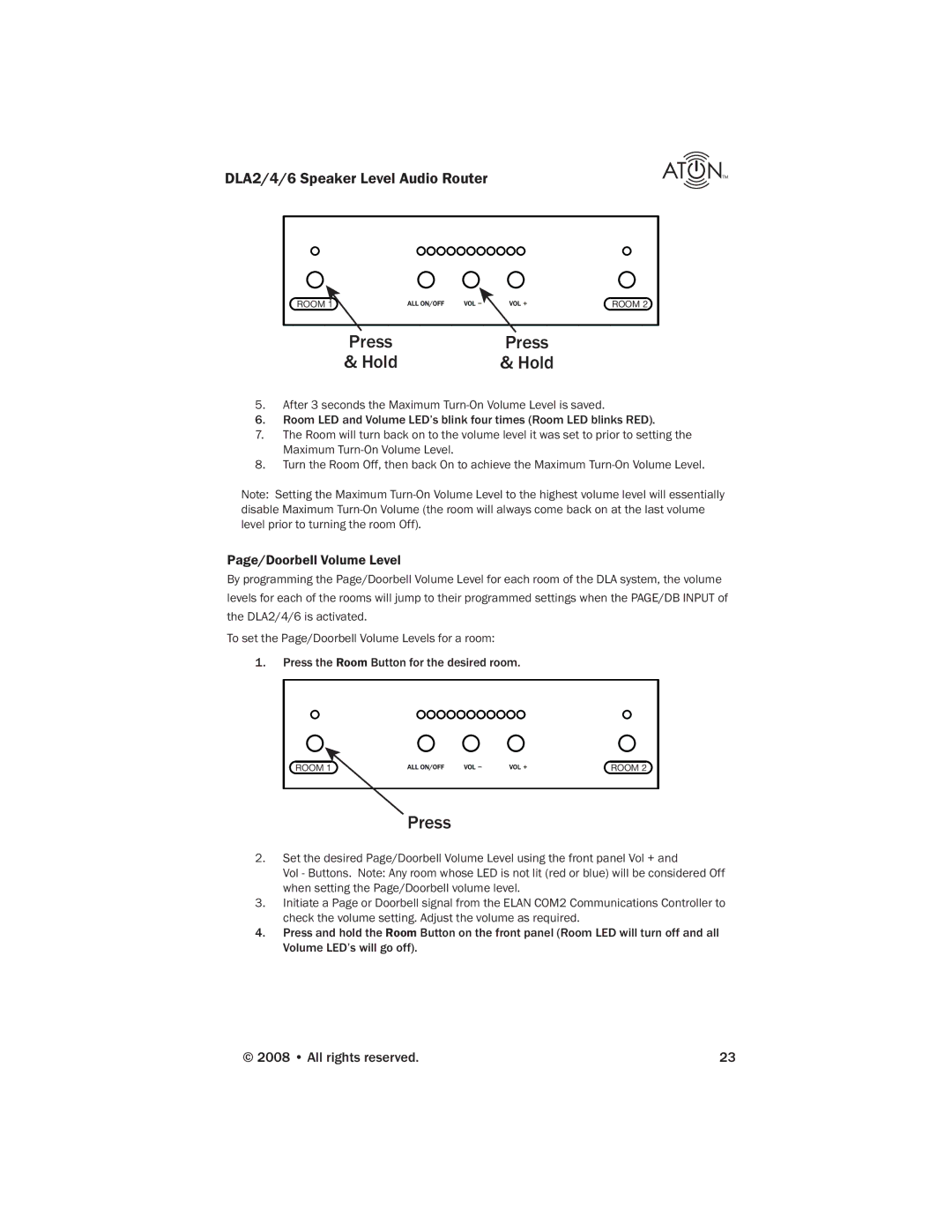 ATON DLA2, DLA4, DLA6 manual Press Hold, Page/Doorbell Volume Level 