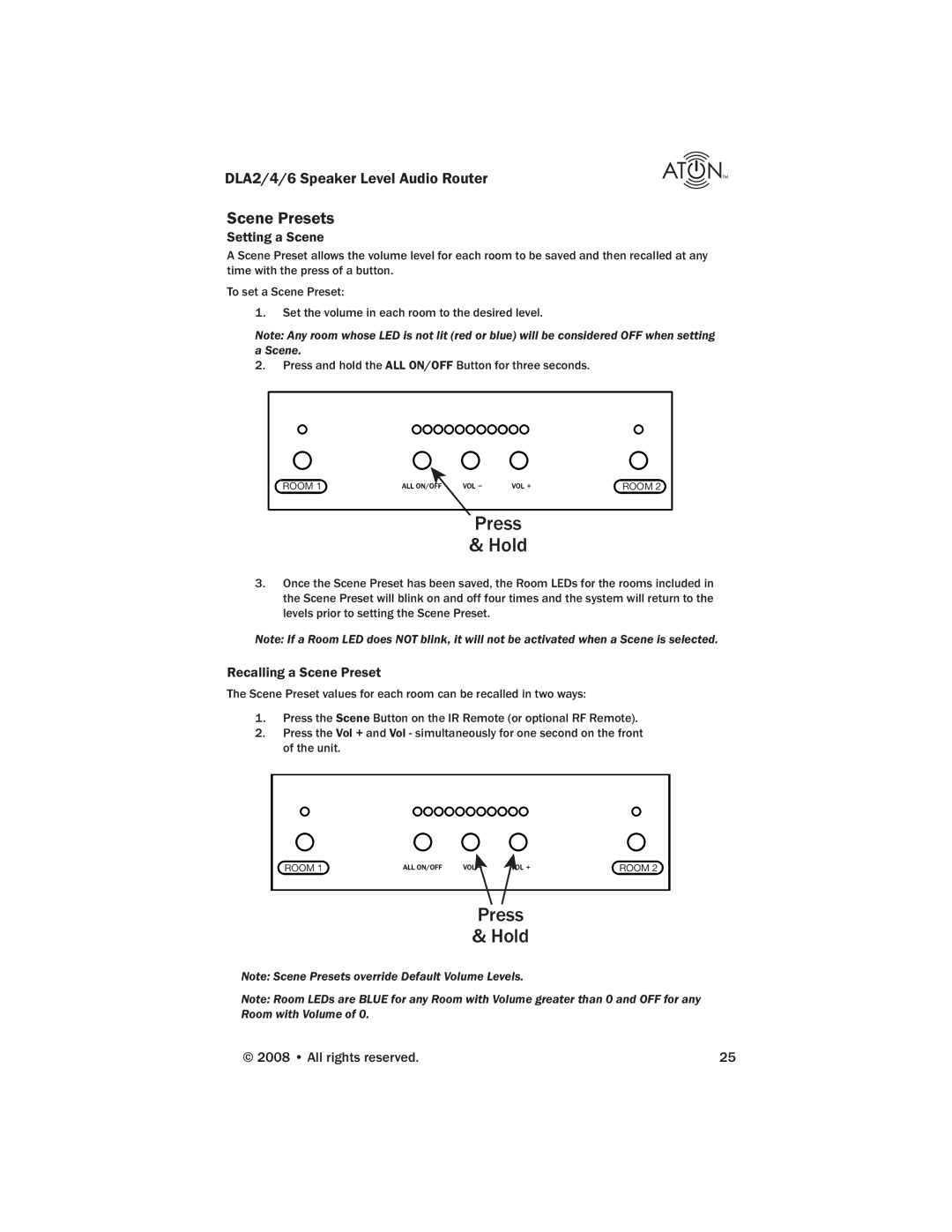 ATON DLA4, DLA2, DLA6 manual Scene Presets, Setting a Scene, Recalling a Scene Preset 