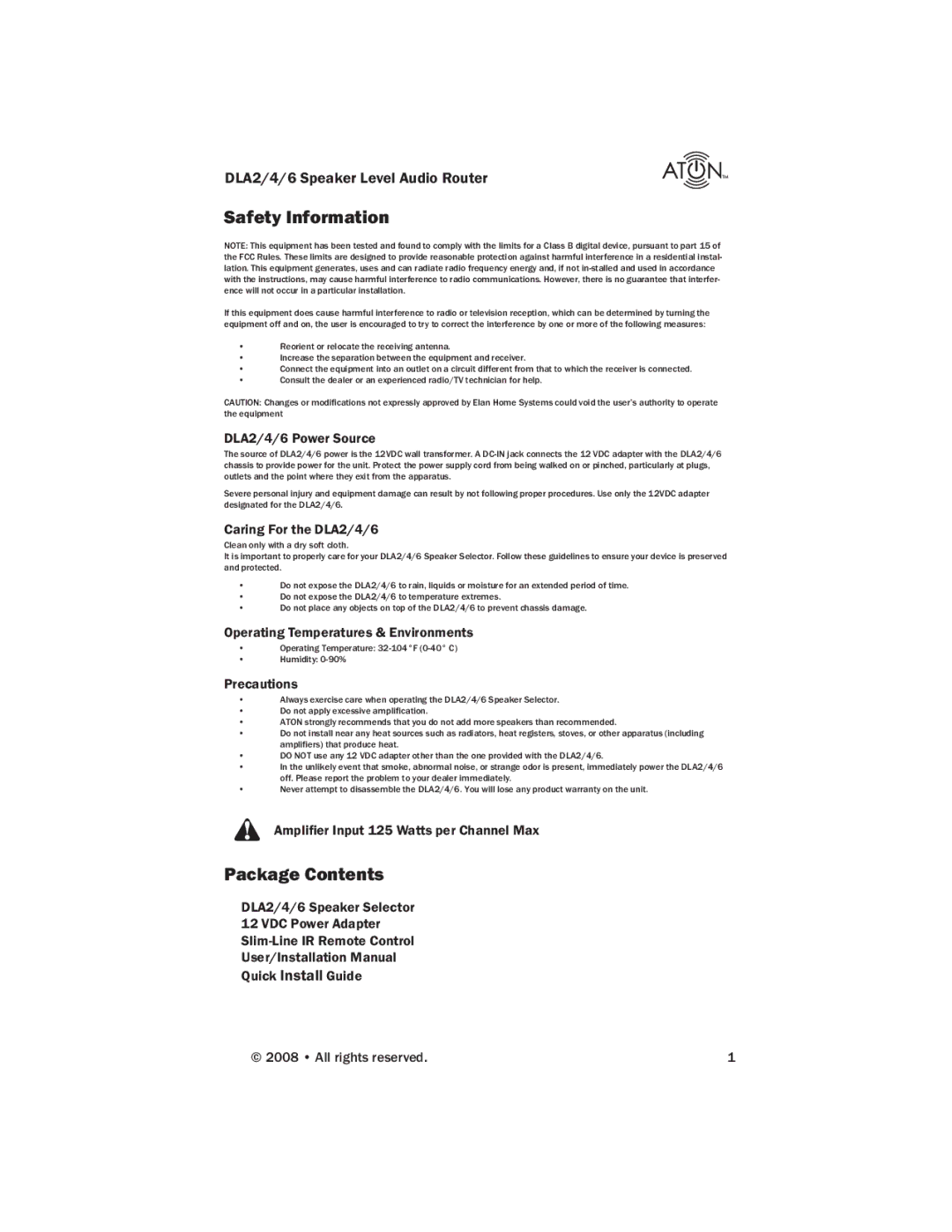 ATON DLA4, DLA2, DLA6 manual Safety Information, Package Contents 