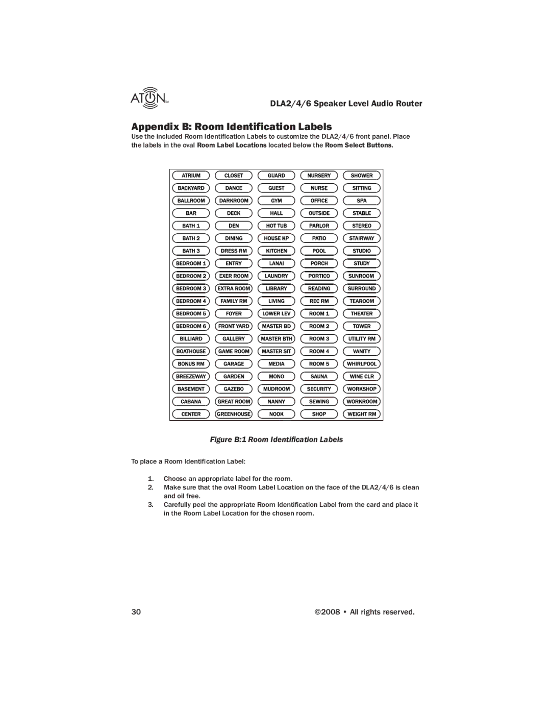 ATON DLA6, DLA4, DLA2 manual Appendix B Room Identification Labels, Figure B1 Room Identi cation Labels 