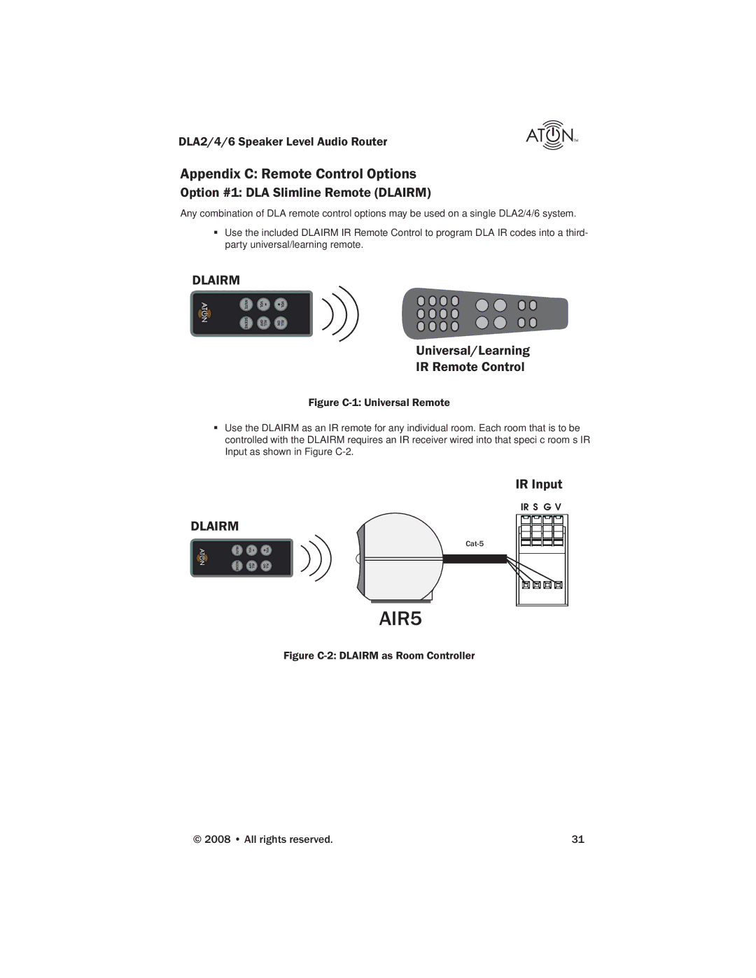 ATON DLA4, DLA2, DLA6 manual Option #1 DLA Slimline Remote Dlairm, Universal/Learning IR Remote Control 