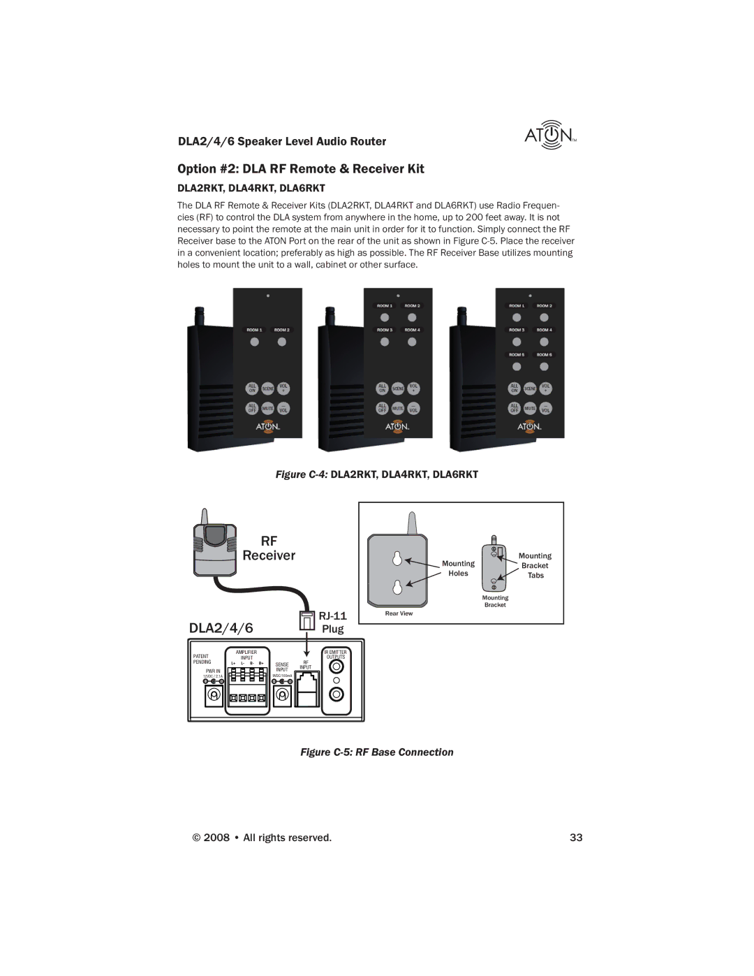 ATON DLA6, DLA4, DLA2 manual Option #2 DLA RF Remote & Receiver Kit, RJ-11 