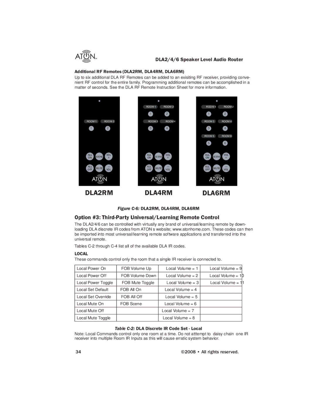 ATON manual Option #3 Third-Party Universal/Learning Remote Control, Additional RF Remotes DLA2RM, DLA4RM, DLA6RM 