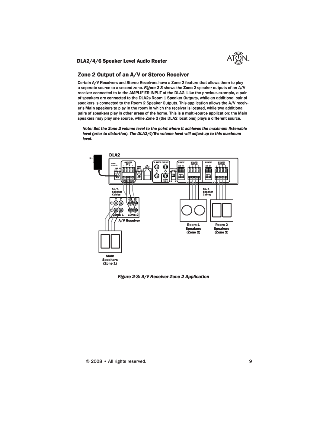 ATON DLA6, DLA4, DLA2 manual Zone 2 Output of an A/V or Stereo Receiver, 3 A/V Receiver Zone 2 Application 