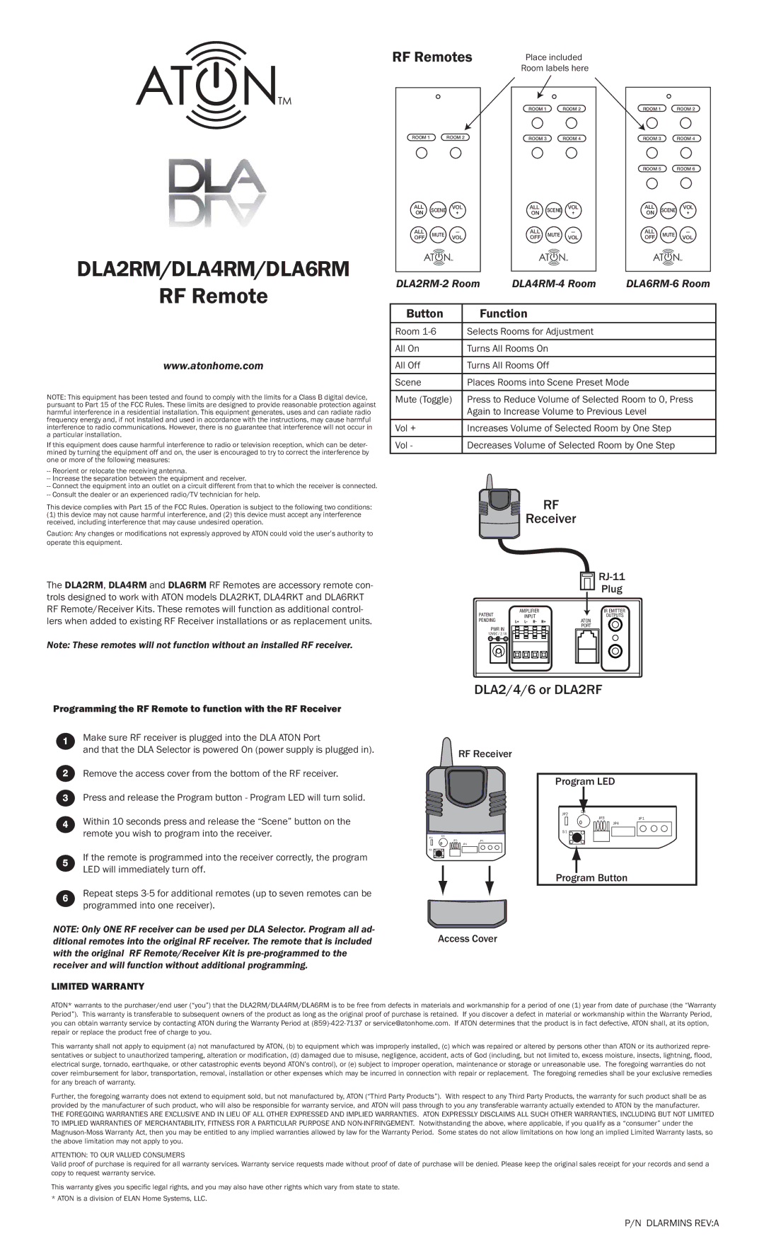 ATON DLA4RM, DLA6RM, DLA2RM warranty Receiver, DLA2/4/6 or DLA2RF 